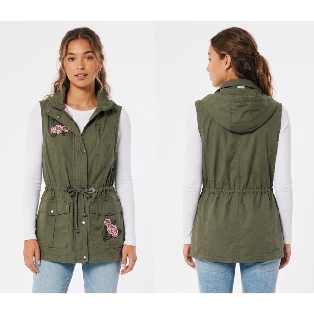 Jolt Womens Floral Embroidered Utility Vest Olive Green Pink Lining Hooded Large